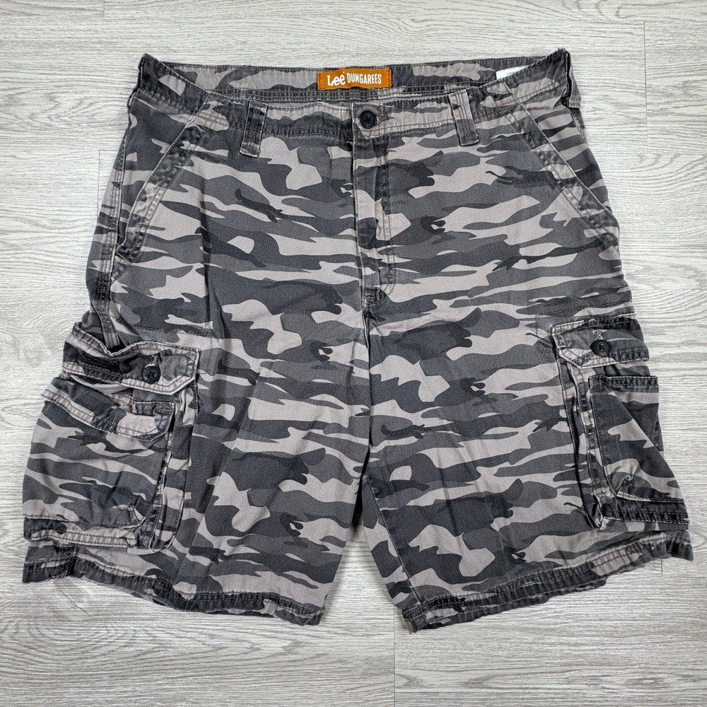 Lee Men's Cargo Shorts Dungarees Camo Gray 38 Relaxed Fit Cotton Utility Pockets